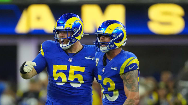 Oct 2, 2025; Inglewood, California, USA; Los Angeles Rams linebacker Nate Landman (53) and  defensive end Braden Fiske (55) react against the San Francisco 49ers during the second half at SoFi Stadium. Mandatory Credit: Kirby Lee-Imagn Images