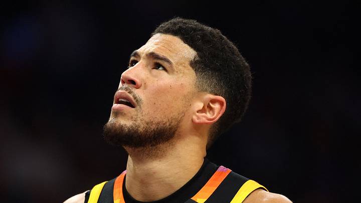 Phoenix, Arizona, USA; Phoenix Suns guard Devin Booker (1) reacts after a play against the Oklahoma City Thunder during the first half at Footprint Center on Apr 9, 2025. Phoenix, Arizona, USA; Phoenix Suns guard Devin Booker (1) reacts after a play against the Oklahoma City Thunder during the first half at Footprint Center on Apr 9, 2025.