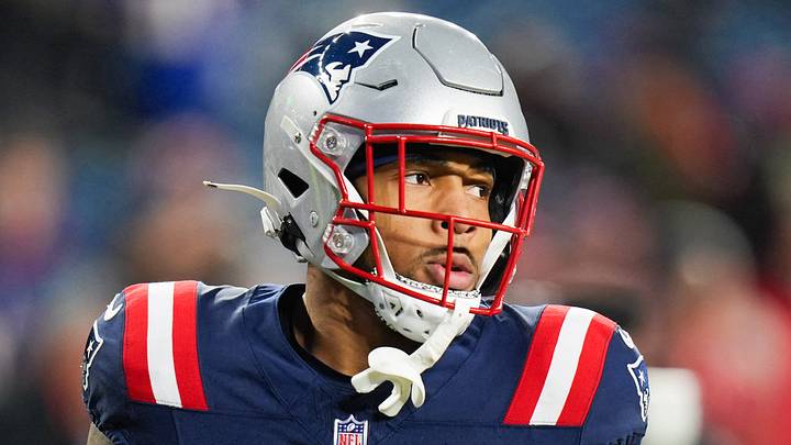 Jan 11, 2026; Foxborough, MA, USA; New England Patriots running back Treveyon Henderson (32) looks on before the game against the Los Angeles Chargers in an AFC Wild Card Round game at Gillette Stadium. Mandatory Credit: David Butler II-Imagn Images