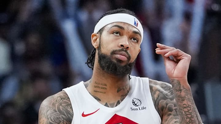 Toronto Raptors forward Brandon Ingram (3) rubs his fingers together after scoring against the Brooklyn Nets during the third quarter at Scotiabank Arena.