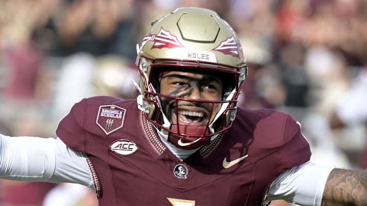 Aug 30, 2025; Tallahassee, Florida, USA; Florida State Seminoles quarterback Tommy Castellanos (1) celebrates after a touchdown against the Alabama Crimson Tide during the second half at Doak S. Campbell Stadium. Mandatory Credit: Melina Myers-Imagn Images