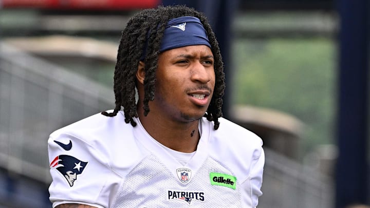 Jun 9, 2025; Foxborough, MA, USA; New England Patriots wide receiver Kyle Williams (18) walks to the practice fields at Gillette Stadium. Mandatory Credit: Eric Canha-Imagn Images