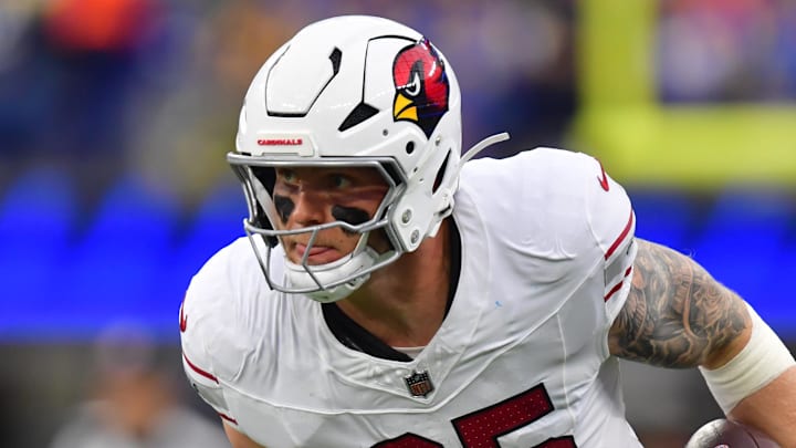 Jan 4, 2026; Inglewood, California, USA;  Arizona Cardinals tight end Trey McBride (85) runs after the catch against the Los Angeles Rams during the first half at SoFi Stadium. Mandatory Credit: Gary A. Vasquez-Imagn Images