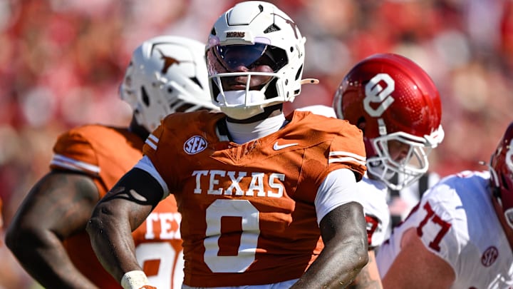 Texas Longhorns linebacker Anthony Hill Jr. celebrates during the game against the Oklahoma Sooners. Texas Longhorns linebacker Anthony Hill Jr. celebrates during the game against the Oklahoma Sooners.