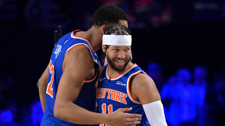 Feb 14, 2026; Los Angeles, CA, USA; Team Knicks guard Jalen Brunson (11) and center Karl-Anthony Towns (32) of the New York Knicks react in the shooting stars competition during the 2026 NBA All Star Saturday Night at Intuit Dome. Mandatory Credit: Jayne Kamin-Oncea-Imagn Images Feb 14, 2026; Los Angeles, CA, USA; Team Knicks guard Jalen Brunson (11) and center Karl-Anthony Towns (32) of the New York Knicks react in the shooting stars competition during the 2026 NBA All Star Saturday Night at Intuit Dome. Mandatory Credit: Jayne Kamin-Oncea-Imagn Images