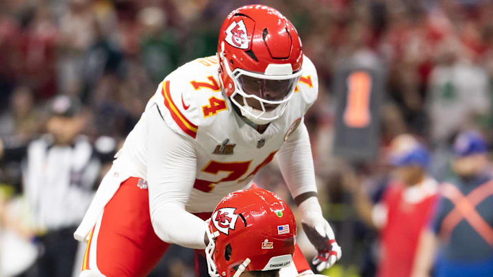 Feb 9, 2025; New Orleans, LA, USA; Kansas City Chiefs offensive tackle Jawaan Taylor (74) helps up quarterback Patrick Mahomes (15) against the Philadelphia Eagles in Super Bowl LIX at Ceasars Superdome. Mandatory Credit: Mark J. Rebilas-Imagn Images Feb 9, 2025; New Orleans, LA, USA; Kansas City Chiefs offensive tackle Jawaan Taylor (74) helps up quarterback Patrick Mahomes (15) against the Philadelphia Eagles in Super Bowl LIX at Ceasars Superdome. Mandatory Credit: Mark J. Rebilas-Imagn Images