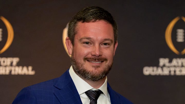 Oregon head coach Dan Lanning holds an orange during the head coaches press conference ahead of Orange Bowl on Dec. 31, 2025, in Dania Beach, Florida.