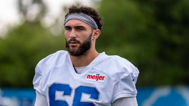 Detroit Lions defensive end Eric O'Neill (66) looks on during training camp at teams Allen Park Performance Center Detroit Lions defensive end Eric O'Neill (66) looks on during training camp at teams Allen Park Performance Center