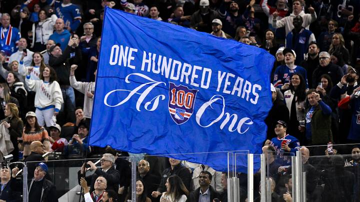 Nov 16, 2025; New York, New York, USA; General view of a flag being waved by New York Rangers staff during the second period against the Detroit Red Wings at Madison Square Garden. Nov 16, 2025; New York, New York, USA; General view of a flag being waved by New York Rangers staff during the second period against the Detroit Red Wings at Madison Square Garden.