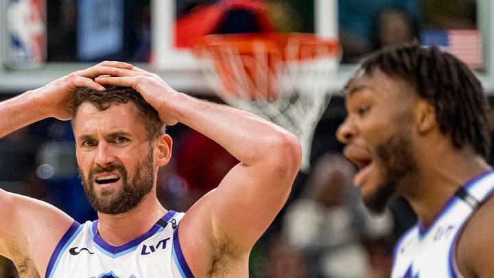Dec 12, 2025; Memphis, Tennessee, USA; Utah Jazz forward Kevin Love (42) reacts after a foul call in the second half against the Memphis Grizzlies at FedExForum. Mandatory Credit: Matthew Smith-Imagn Images