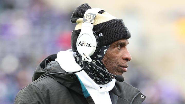 Nov 29, 2025; Manhattan, Kansas, USA; Colorado Buffaloes head coach Deion Sanders looks on during the second quarter against the Kansas State Wildcats at Bill Snyder Family Football Stadium.