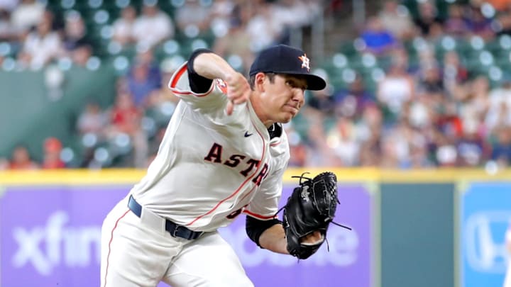 Apr 30, 2025; Houston, Texas, USA; Houston Astros starting pitcher AJ Blubaugh (69) delivers a pitch against the Detroit Tigers during the first inning at Daikin Park. Apr 30, 2025; Houston, Texas, USA; Houston Astros starting pitcher AJ Blubaugh (69) delivers a pitch against the Detroit Tigers during the first inning at Daikin Park.