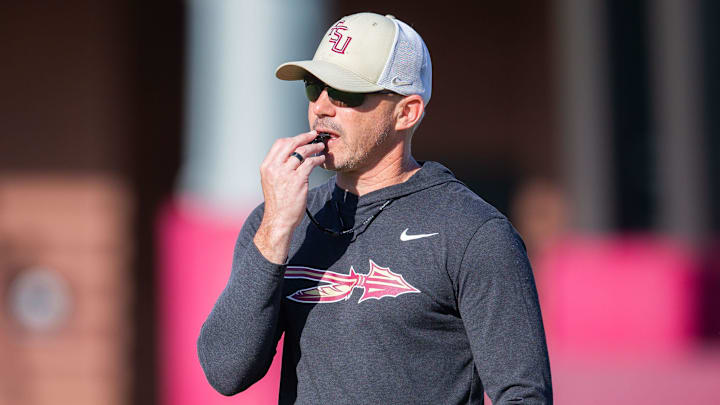 Florida State head coach Mike Norvell leads practice Thursday, April 9, 2026.