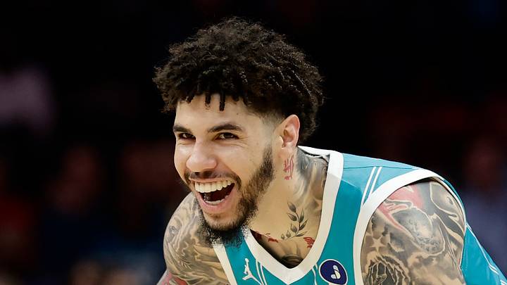 Mar 19, 2026; Charlotte, North Carolina, USA; Charlotte Hornets guard LaMelo Ball (1) smiles as he dribbles the ball during the first quarter against the Orlando Magic at Spectrum Center. Mandatory Credit: Brian Westerholt-Imagn Images