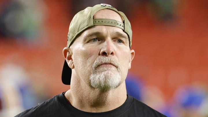 Nov 2, 2025; Landover, Maryland, USA; Washington Commanders head coach Dan Quinn walks off the field after the loss to Seattle Seahawks at Northwest Stadium. Mandatory Credit: Amber Searls-Imagn Images