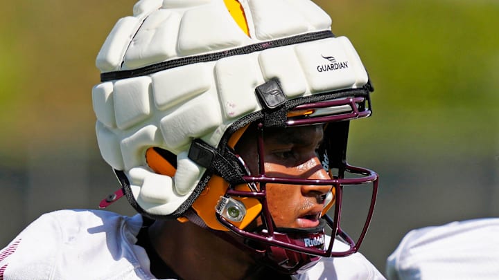 ASU linebacker Martell Hughes (18) warms up during practice in Tempe on July 31, 2024.