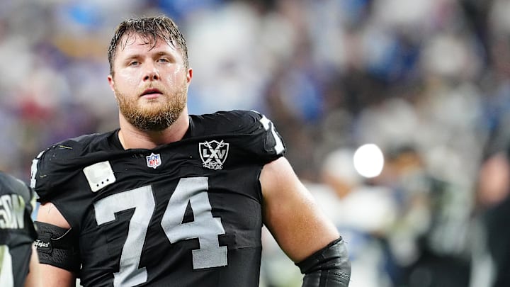 Jan 5, 2025; Paradise, Nevada, USA; Las Vegas Raiders offensive tackle Kolton Miller (74) reacts after the Raiders were defeated by the Los Angeles Chargers 34-20 at Allegiant Stadium. Mandatory Credit: Stephen R. Sylvanie-Imagn Images Jan 5, 2025; Paradise, Nevada, USA; Las Vegas Raiders offensive tackle Kolton Miller (74) reacts after the Raiders were defeated by the Los Angeles Chargers 34-20 at Allegiant Stadium. Mandatory Credit: Stephen R. Sylvanie-Imagn Images