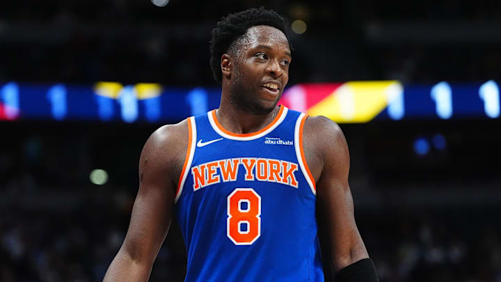 Nov 25, 2024; Denver, Colorado, USA; New York Knicks forward OG Anunoby (8) reacts in the second half against the Denver Nuggets at Ball Arena. Mandatory Credit: Ron Chenoy-Imagn Images
