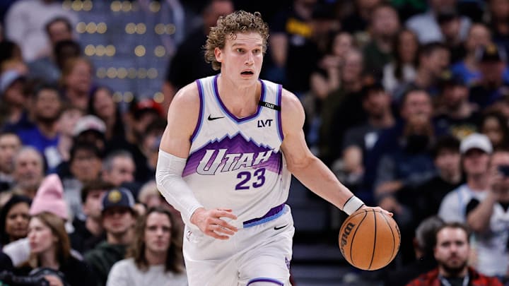 Dec 22, 2025; Denver, Colorado, USA; Utah Jazz forward Lauri Markkanen (23) dribbles the ball up court in the third quarter against the Denver Nuggets at Ball Arena. Mandatory Credit: Isaiah J. Downing-Imagn Images