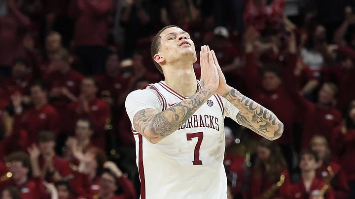 Feb 14, 2026; Fayetteville, Arkansas, USA; Arkansas Razorbacks forward Trevon Brazile (7) reacts after scoring in the second half against the Auburn Tigers at Bud Walton Arena. Mandatory Credit: Nelson Chenault-Imagn Images Feb 14, 2026; Fayetteville, Arkansas, USA; Arkansas Razorbacks forward Trevon Brazile (7) reacts after scoring in the second half against the Auburn Tigers at Bud Walton Arena. Mandatory Credit: Nelson Chenault-Imagn Images