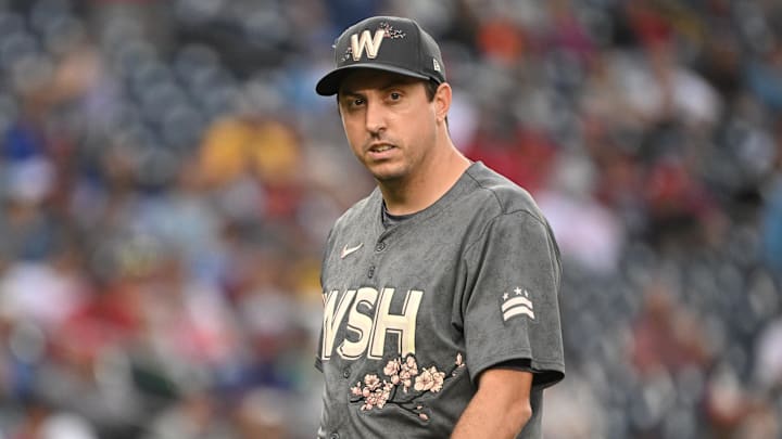 Sep 29, 2024; Washington, District of Columbia, USA; Washington Nationals relief pitcher Derek Law (58) walks back to the dugout against the Philadelphia Phillies during the ninth inning at Nationals Park. Mandatory Credit: Rafael Suanes-Imagn Images Sep 29, 2024; Washington, District of Columbia, USA; Washington Nationals relief pitcher Derek Law (58) walks back to the dugout against the Philadelphia Phillies during the ninth inning at Nationals Park. Mandatory Credit: Rafael Suanes-Imagn Images