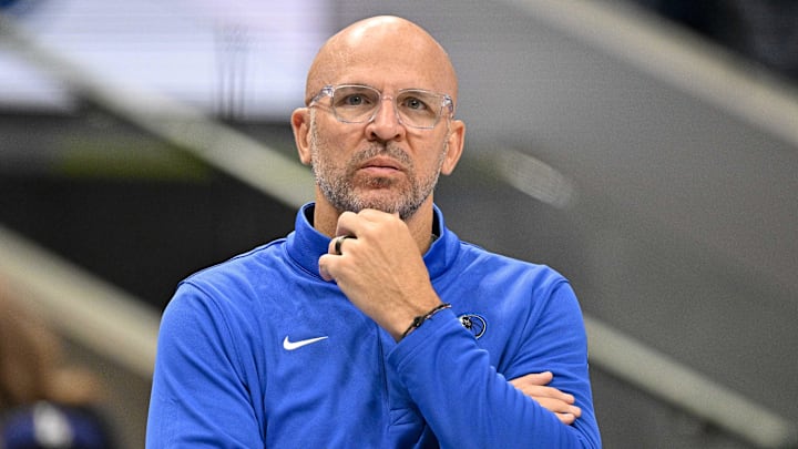 Mar 30, 2026; Dallas, Texas, USA; Dallas Mavericks head coach Jason Kidd looks on during the second quarter against the Minnesota Timberwolves at the American Airlines Center. Mandatory Credit: Jerome Miron-Imagn Images