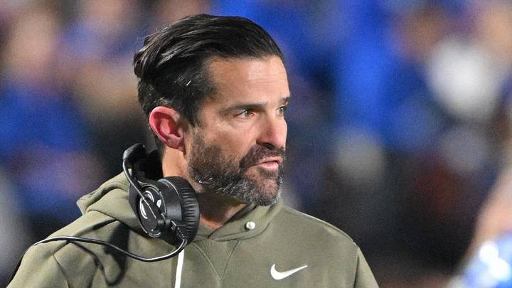 Nov 15, 2025; Durham, North Carolina, USA;  Duke Blue Devils head coach Manny Diaz reacts during the third quarter against the Virginia Cavaliers at Wallace Wade Stadium. Mandatory Credit: Zachary Taft-Imagn Images