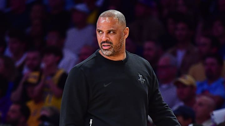 Apr 29, 2026; Los Angeles, California, USA; Houston Rockets head coach Ime Udoka watches game action against the Los Angeles Lakers during the first half in game five of the first round of the 2026 NBA Playoffs at Crypto.com Arena. Mandatory Credit: Gary A. Vasquez-Imagn Images