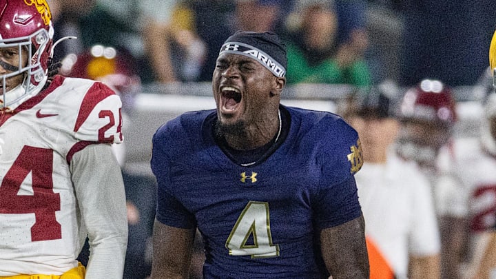 Oct 18, 2025; South Bend, Indiana, USA; Notre Dame Fighting Irish running back Jeremiyah Love (4) celebrates a run in the first half against the Southern California Trojans at Notre Dame Stadium. Oct 18, 2025; South Bend, Indiana, USA; Notre Dame Fighting Irish running back Jeremiyah Love (4) celebrates a run in the first half against the Southern California Trojans at Notre Dame Stadium.