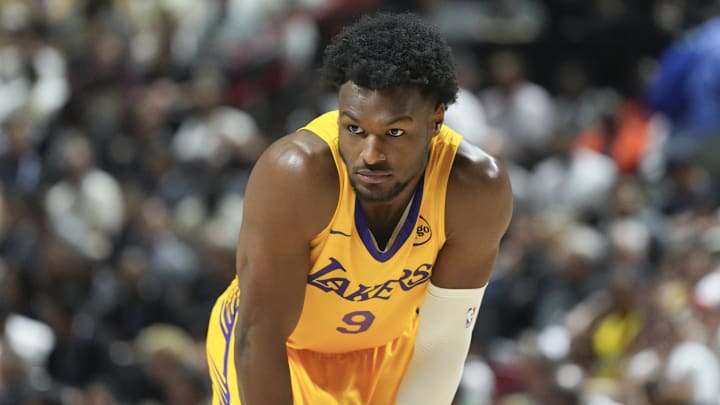 Jul 10, 2025; Las Vegas, NV, USA; Los Angeles Lakers guard Bronny James (9) prepares for the start of the second quarter against the Dallas Mavericks at Thomas & Mack Center. Mandatory Credit: Candice Ward-Imagn Images Jul 10, 2025; Las Vegas, NV, USA; Los Angeles Lakers guard Bronny James (9) prepares for the start of the second quarter against the Dallas Mavericks at Thomas & Mack Center. Mandatory Credit: Candice Ward-Imagn Images