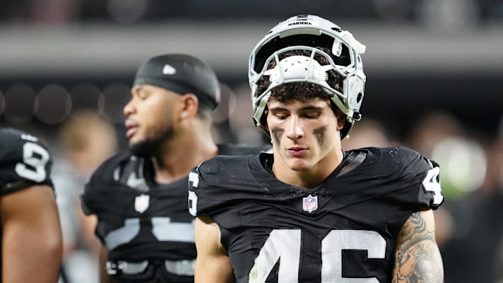 Nov 2, 2025; Paradise, Nevada, USA; Las Vegas Raiders tight end Carter Runyon (46) reacts after the loss against the Jacksonville Jaguars at Allegiant Stadium. Mandatory Credit: Stephen R. Sylvanie-Imagn Images