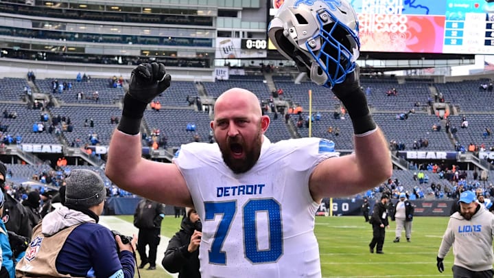 Dec 22, 2024; Chicago, Illinois, USA; Detroit Lions offensive tackle Dan Skipper (70) walks off the field after a game against the Chicago Bears at Soldier Field. Mandatory Credit: Daniel Bartel-Imagn Images