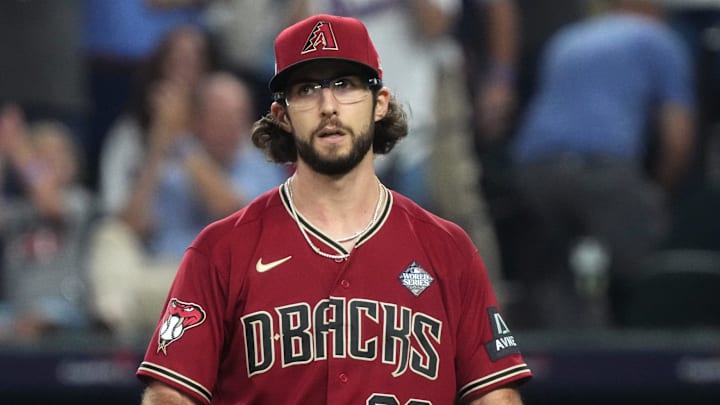 Arizona Diamondbacks starting pitcher Zac Gallen (23) reacts after a walk with the bases loaded during the third inning against the Texas Rangers in game one of the 2023 World Series at Globe Life Field in Arlington, Texas, on Oct. 27, 2023. Arizona Diamondbacks starting pitcher Zac Gallen (23) reacts after a walk with the bases loaded during the third inning against the Texas Rangers in game one of the 2023 World Series at Globe Life Field in Arlington, Texas, on Oct. 27, 2023.