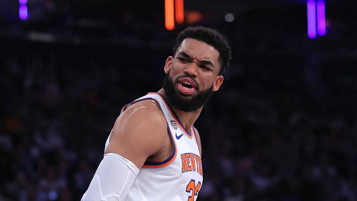 Jun 10, 2026; New York, New York, USA; New York Knicks center Karl-Anthony Towns (32) reacts in the second quarter against the San Antonio Spurs during game four of the 2026 NBA Finals at Madison Square Garden. Mandatory Credit: Brad Penner-Imagn Images