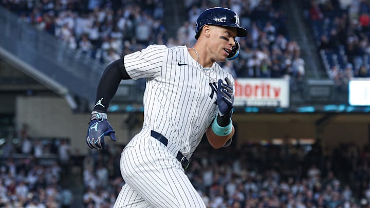 Apr 3, 2025; Bronx, New York, USA; New York Yankees center fielder Aaron Judge (99) runs the bases after hitting a three run home run during the first inning against the Arizona Diamondbacks at Yankee Stadium. 