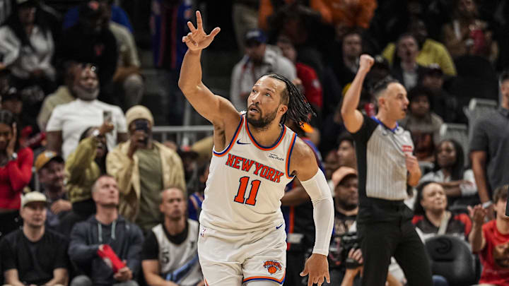 Apr 6, 2026; Atlanta, Georgia, USA; New York Knicks guard Jalen Brunson (11) reacts after making a three point shot against the Atlanta Hawks during the second half at State Farm Arena. Mandatory Credit: Dale Zanine-Imagn Images