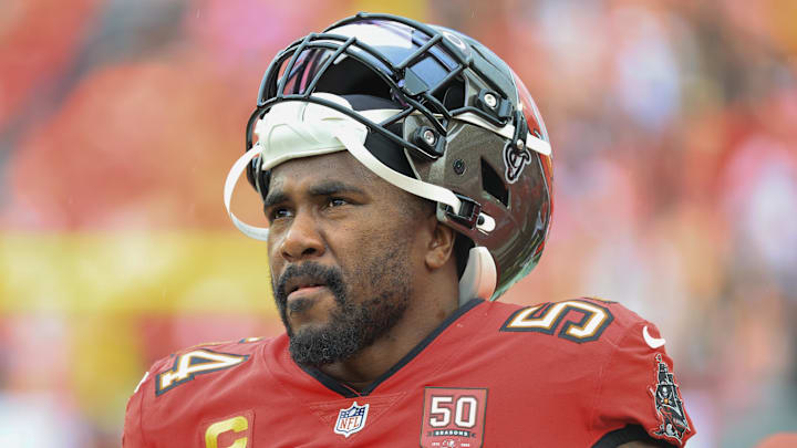 Dec 7, 2025; Tampa, Florida, USA; Tampa Bay Buccaneers linebacker Lavonte David (54) stands on the sidelines during the first quarter against the New Orleans Saints at Raymond James Stadium. Mandatory Credit: Kim Klement Neitzel-Imagn Images