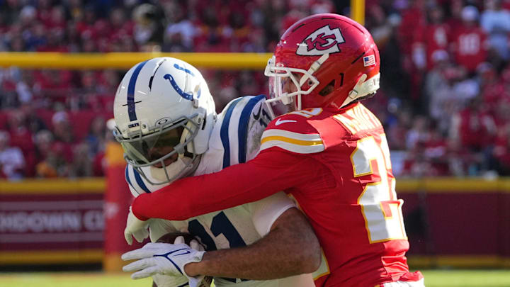 Nov 23, 2025; Kansas City, Missouri, USA; Indianapolis Colts wide receiver Michael Pittman Jr. (11) makes a catch against Kansas City Chiefs cornerback Trent McDuffie (22) in the second half at GEHA Field at Arrowhead Stadium. Mandatory Credit: Denny Medley-Imagn Images Nov 23, 2025; Kansas City, Missouri, USA; Indianapolis Colts wide receiver Michael Pittman Jr. (11) makes a catch against Kansas City Chiefs cornerback Trent McDuffie (22) in the second half at GEHA Field at Arrowhead Stadium. Mandatory Credit: Denny Medley-Imagn Images