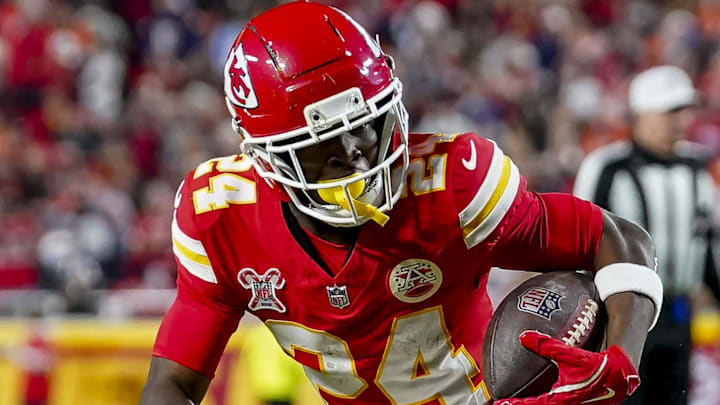 Dec 25, 2025; Kansas City, Missouri, USA; Kansas City Chiefs running back Brashard Smith (24) scores a touchdown attempts to tackle at GEHA Field at Arrowhead Stadium. Mandatory Credit: Denny Medley-Imagn Images Dec 25, 2025; Kansas City, Missouri, USA; Kansas City Chiefs running back Brashard Smith (24) scores a touchdown attempts to tackle at GEHA Field at Arrowhead Stadium. Mandatory Credit: Denny Medley-Imagn Images