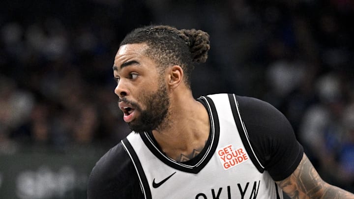 Mar 31, 2025; Dallas, Texas, USA; Brooklyn Nets guard D'Angelo Russell (1) in action during the game between the Dallas Mavericks and the Brooklyn Nets at the American Airlines Center. Mandatory Credit: Jerome Miron-Imagn Images