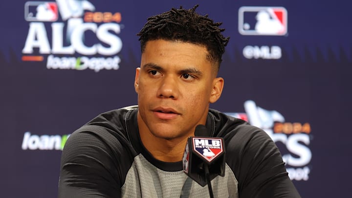Oct 14, 2024; Bronx, New York, USA; New York Yankees right fielder Juan Soto (22) speaks to the media before game one of the ALCS against the Cleveland Guardians during the 2024 MLB Playoffs at Yankee Stadium