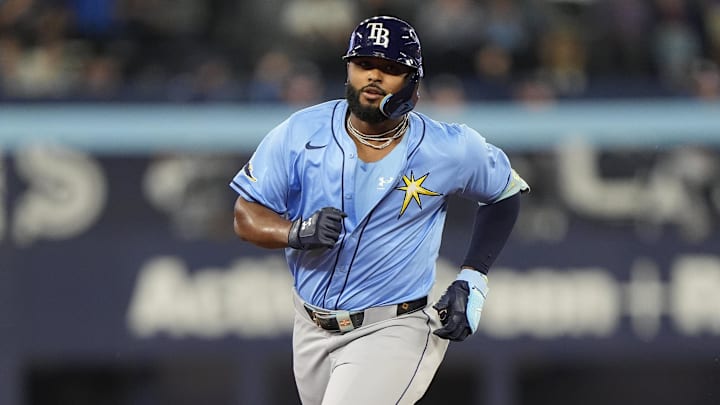 Sep 26, 2025; Toronto, Ontario, CAN; Tampa Bay Rays third baseman Junior Caminero (13) runs the bases on his solo home run against the Toronto Blue Jays during the second inning at Rogers Centre. 