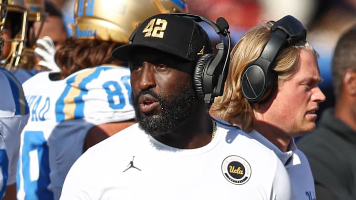 Oct 19, 2024; Piscataway, New Jersey, USA; UCLA Bruins head coach DeShaun Foster during the second half against the Rutgers Scarlet Knights at SHI Stadium. Mandatory Credit: Vincent Carchietta-Imagn Images