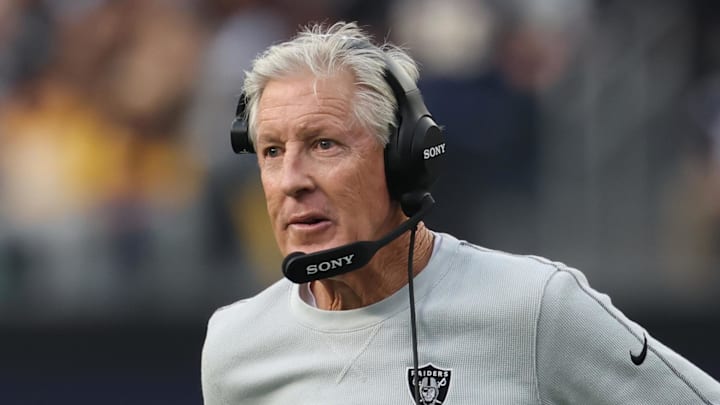 Nov 30, 2025; Inglewood, California, USA; Las Vegas Raiders head coach Pete Carroll during the first half at SoFi Stadium. Mandatory Credit: Kiyoshi Mio-Imagn Images