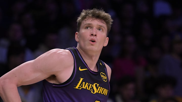Nov 21, 2024; Los Angeles, California, USA; Los Angeles Lakers guard Dalton Knecht (4) looks on against the Orlando Magic at Crypto.com Arena. Mandatory Credit: Jayne Kamin-Oncea-Imagn Images Nov 21, 2024; Los Angeles, California, USA; Los Angeles Lakers guard Dalton Knecht (4) looks on against the Orlando Magic at Crypto.com Arena. Mandatory Credit: Jayne Kamin-Oncea-Imagn Images
