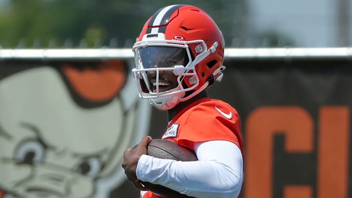 Cleveland Browns quarterback Shedeur Sanders (12) celebrates after breaking away for a big gain during practice at NFL minicamp, Wednesday, June 11, 2025, in Berea, Ohio. Cleveland Browns quarterback Shedeur Sanders (12) celebrates after breaking away for a big gain during practice at NFL minicamp, Wednesday, June 11, 2025, in Berea, Ohio.