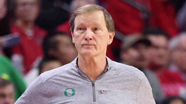 Jan 5, 2026; Piscataway, New Jersey, USA; Oregon Ducks head coach Dana Altman looks on during the second half against the Rutgers Scarlet Knights at Jersey Mike's Arena. Mandatory Credit: Vincent Carchietta-Imagn Images