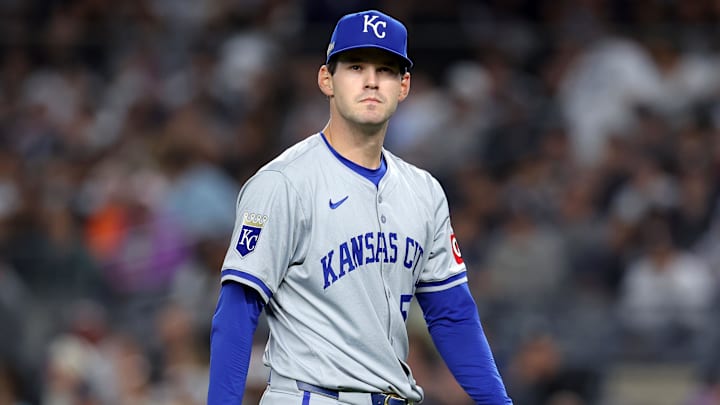 Oct 7, 2024; Bronx, New York, USA; Kansas City Royals pitcher Cole Ragans (55) reacts against the New York Yankees in the second inning during game two of the ALDS for the 2024 MLB Playoffs at Yankee Stadium. Mandatory Credit: Brad Penner-Imagn Images