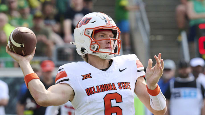 Sep 6, 2025; Eugene, Oregon, USA; Oklahoma State Cowboys quarterback Zane Flores (6) throws a pass during the second half against the Oregon Ducks at Autzen Stadium. Mandatory Credit: Troy Wayrynen-Imagn Images