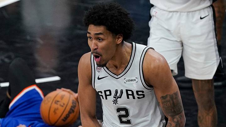 Jun 13, 2026; San Antonio, Texas, USA; San Antonio Spurs guard Dylan Harper (2) reacts during the third quarter during game five of the 2026 NBA Finals at Frost Bank Center. Mandatory Credit: Dustin Safranek-Imagn Images